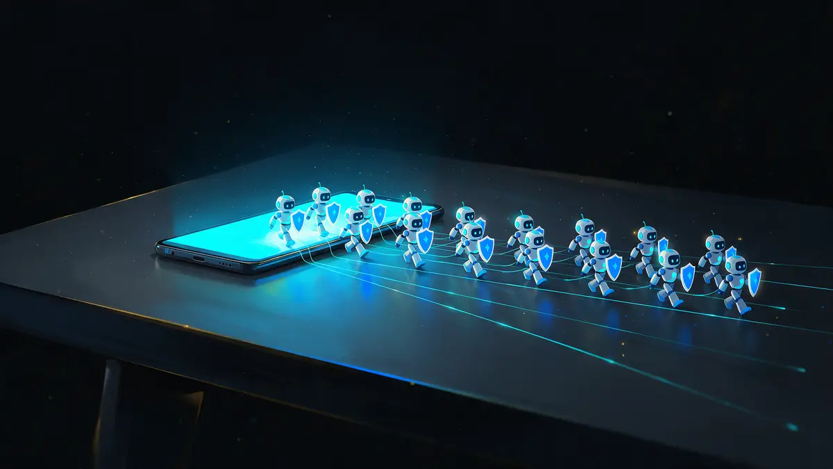 Robôs pequenos com escudos saindo em fila da tela de um celular sobre uma mesa escura.