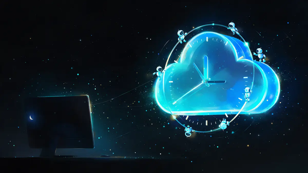 Servidor em forma de nuvem brilhando à noite, com um anel de relógio e robôs pequenos em volta, ao lado de um monitor desligado.